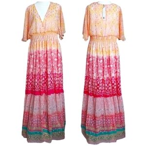 House Of Harlow 1960 Maxi Floral Short Sleeve Dress Gold Accent Button Down  M
